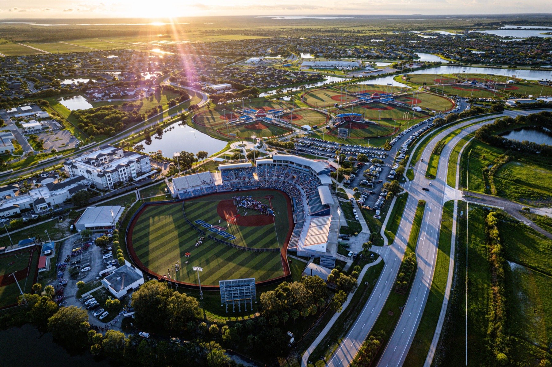 Aerial view of the USSSA Space Coast Complex at sunset, Viera, Florida